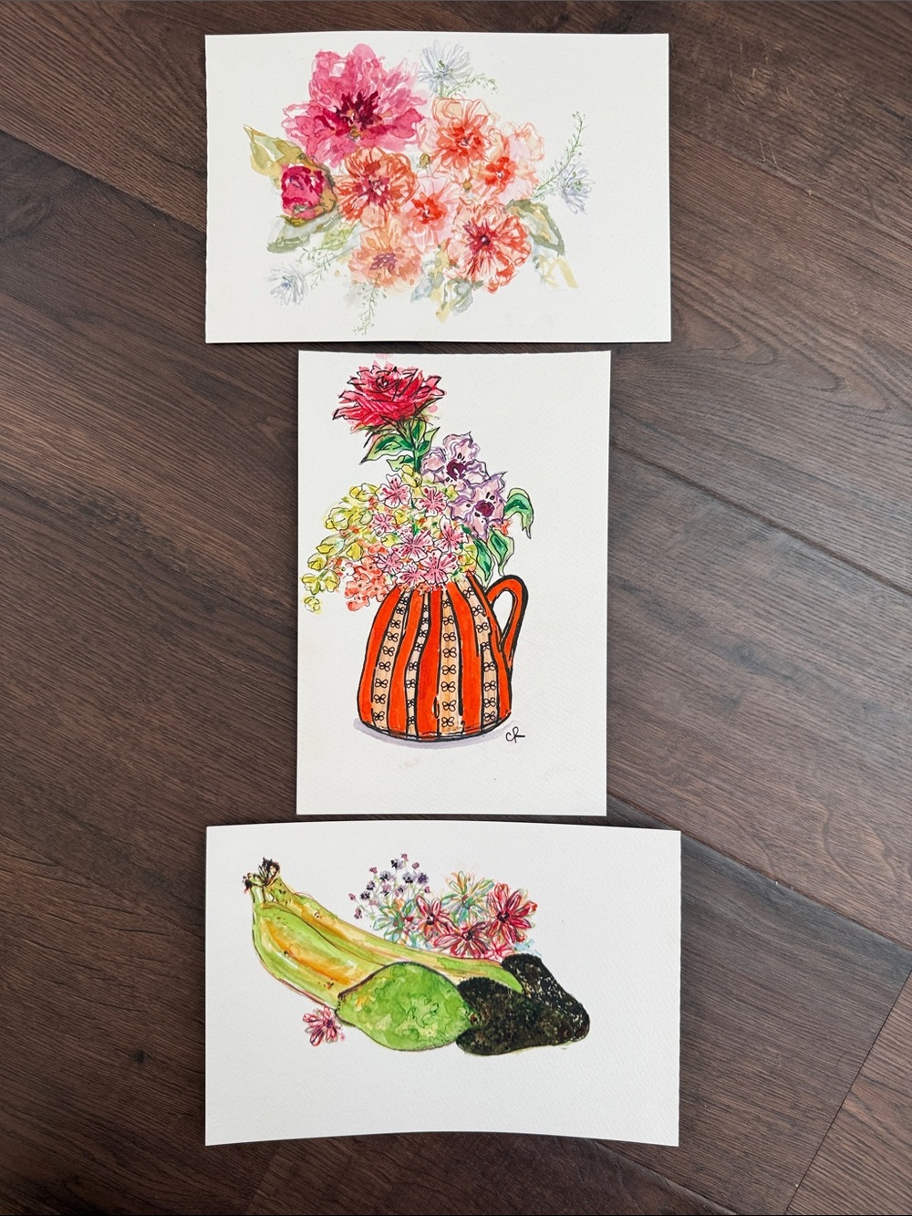 Set of 3 - Mixed Media Floral & Fruit Art - Original Pieces